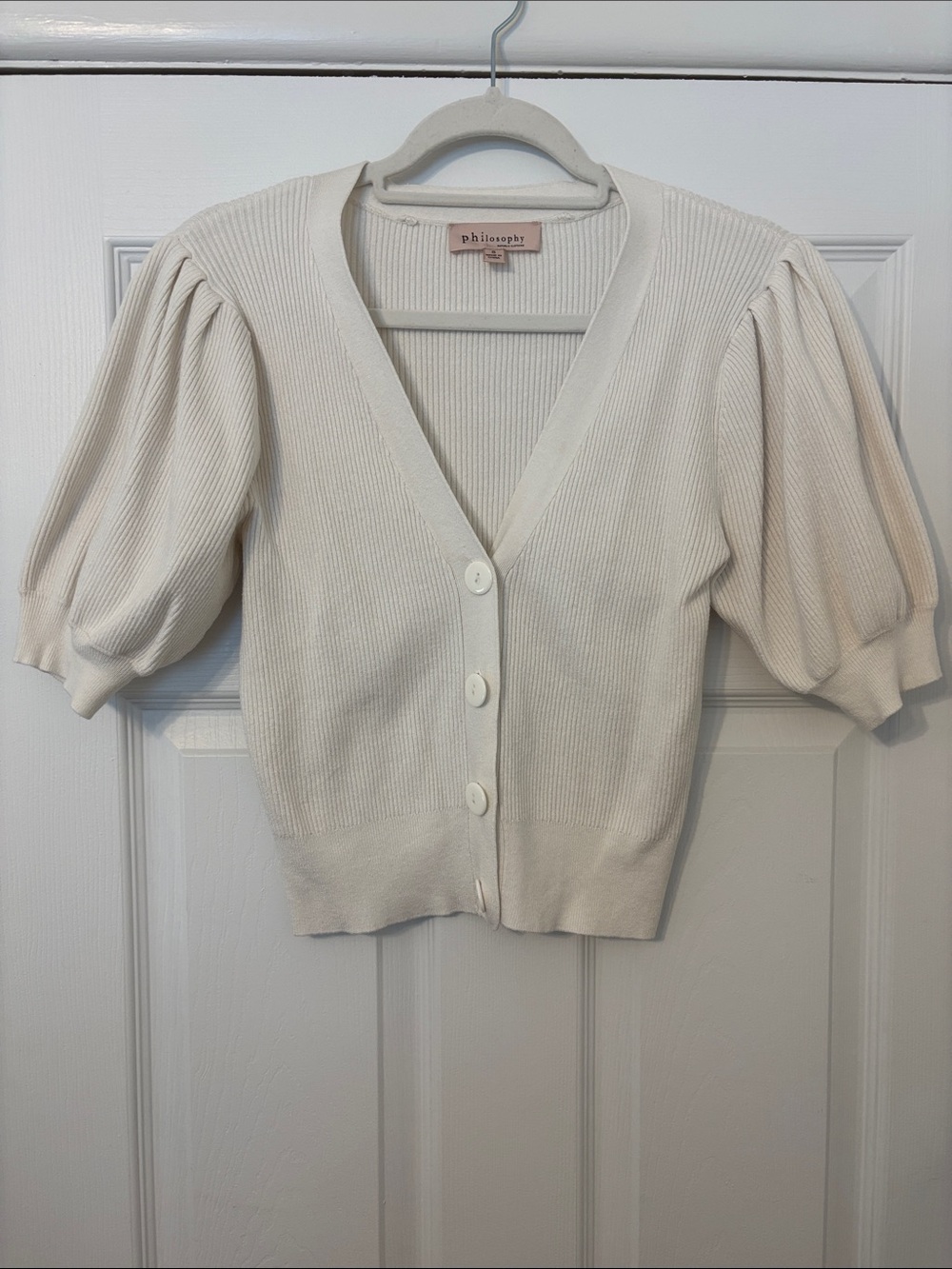 Philosophy Cream Ribbed Puff-Sleeve V-Neck Cardigan